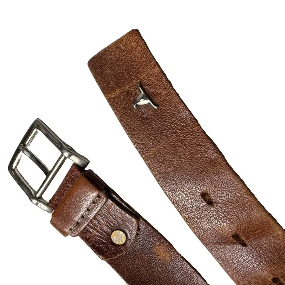 Vintage Mens Brown Leather Belt Size 42 / 44 Texas Longhorn Logo Unbranded